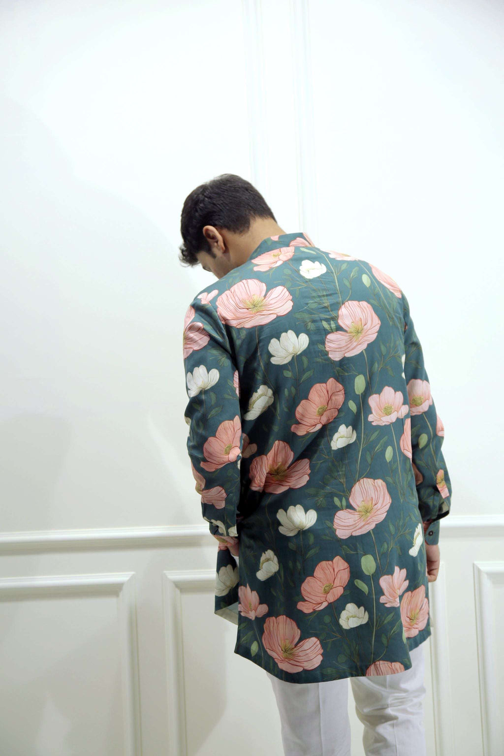 Men's Emerald Green Floral Printed Cotton Silk Kurta Kurta Mid Length Kurta