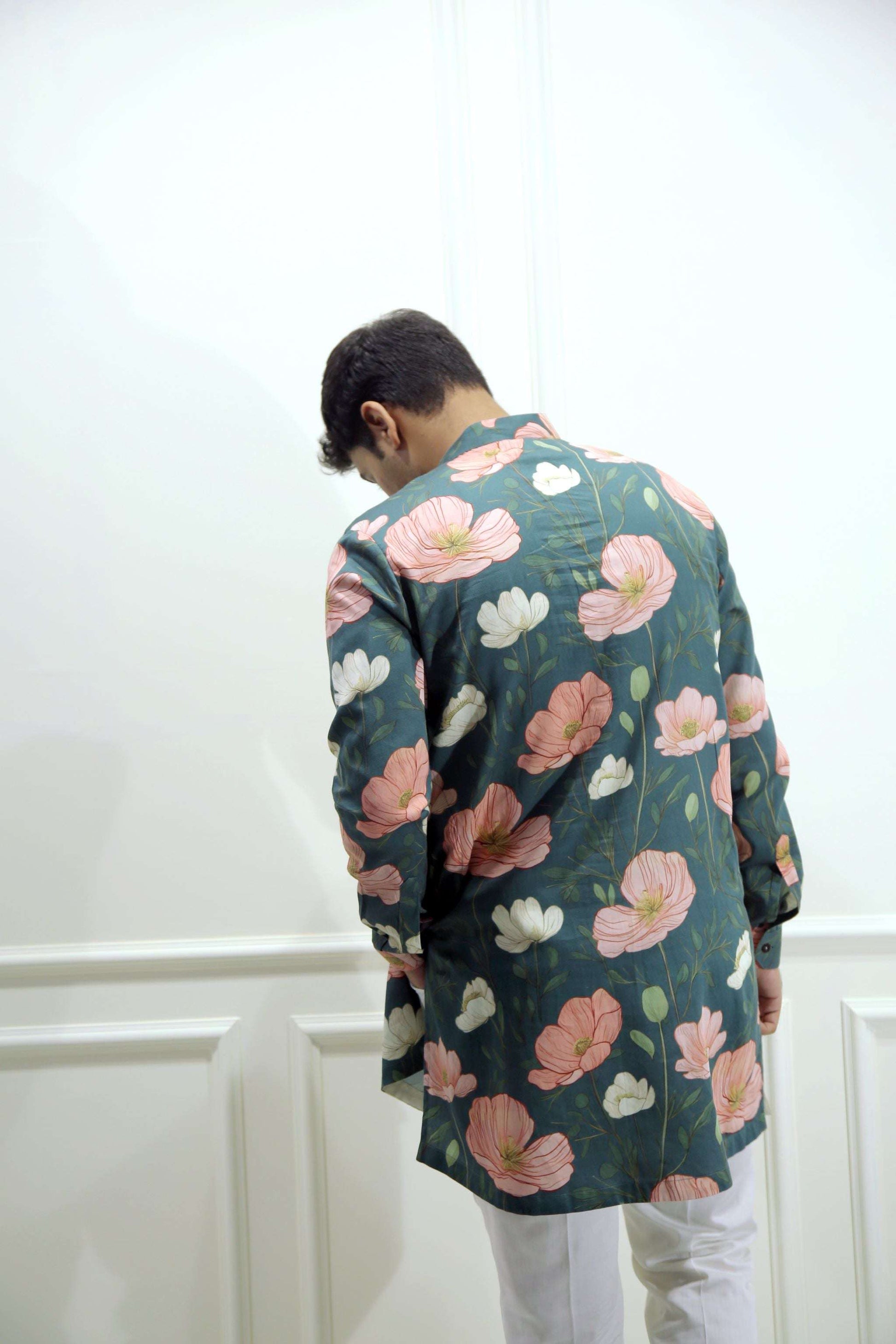 Men's Emerald Green Floral Printed Cotton Silk Kurta Kurta Mid Length Kurta