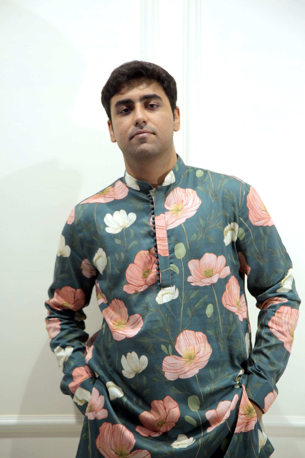 Men's Emerald Green Floral Printed Cotton Silk Kurta Kurta Mid Length Kurta