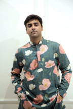 Men's Emerald Green Floral Printed Cotton Silk Kurta Kurta Mid Length Kurta