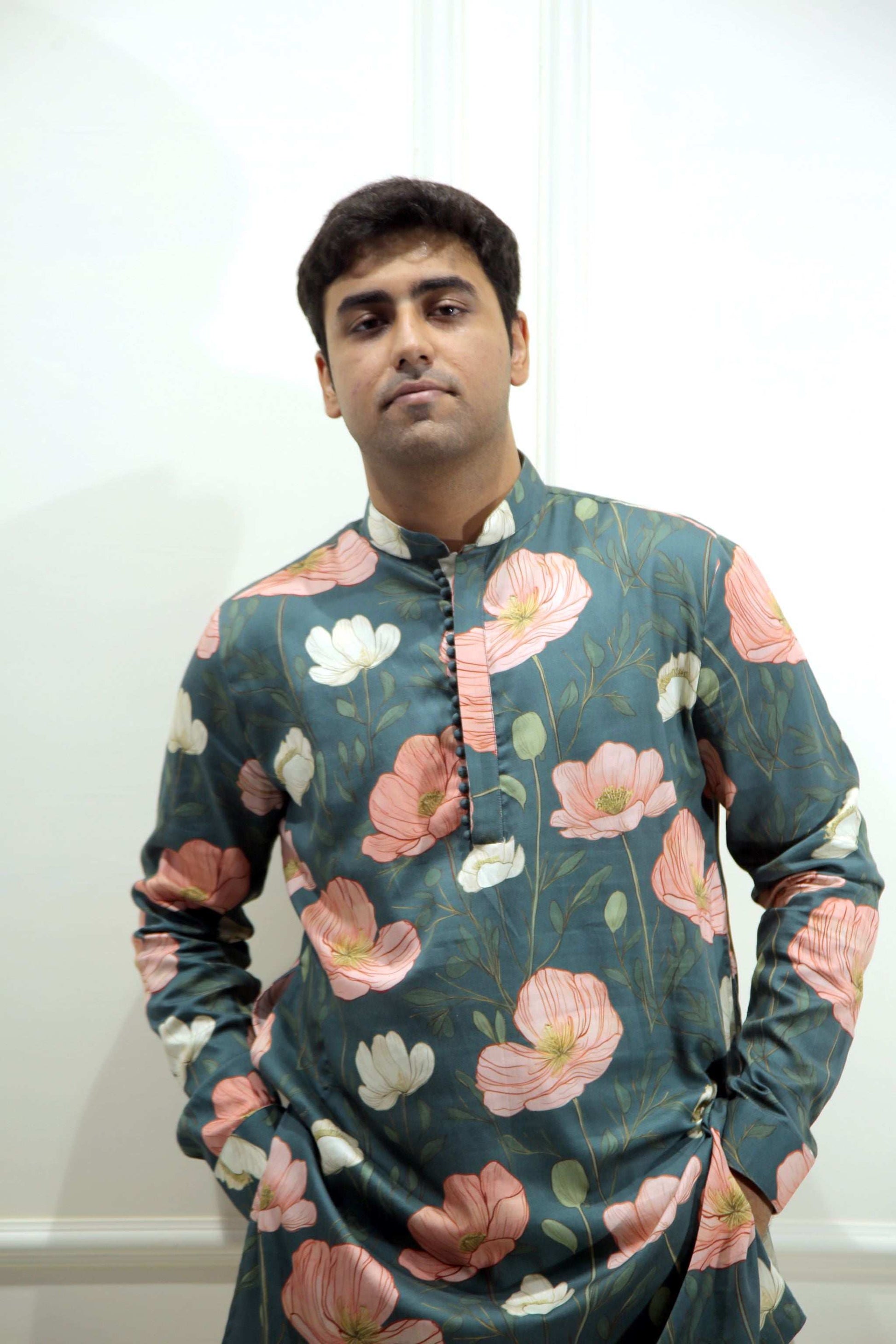 Men's Emerald Green Floral Printed Cotton Silk Kurta Kurta Mid Length Kurta