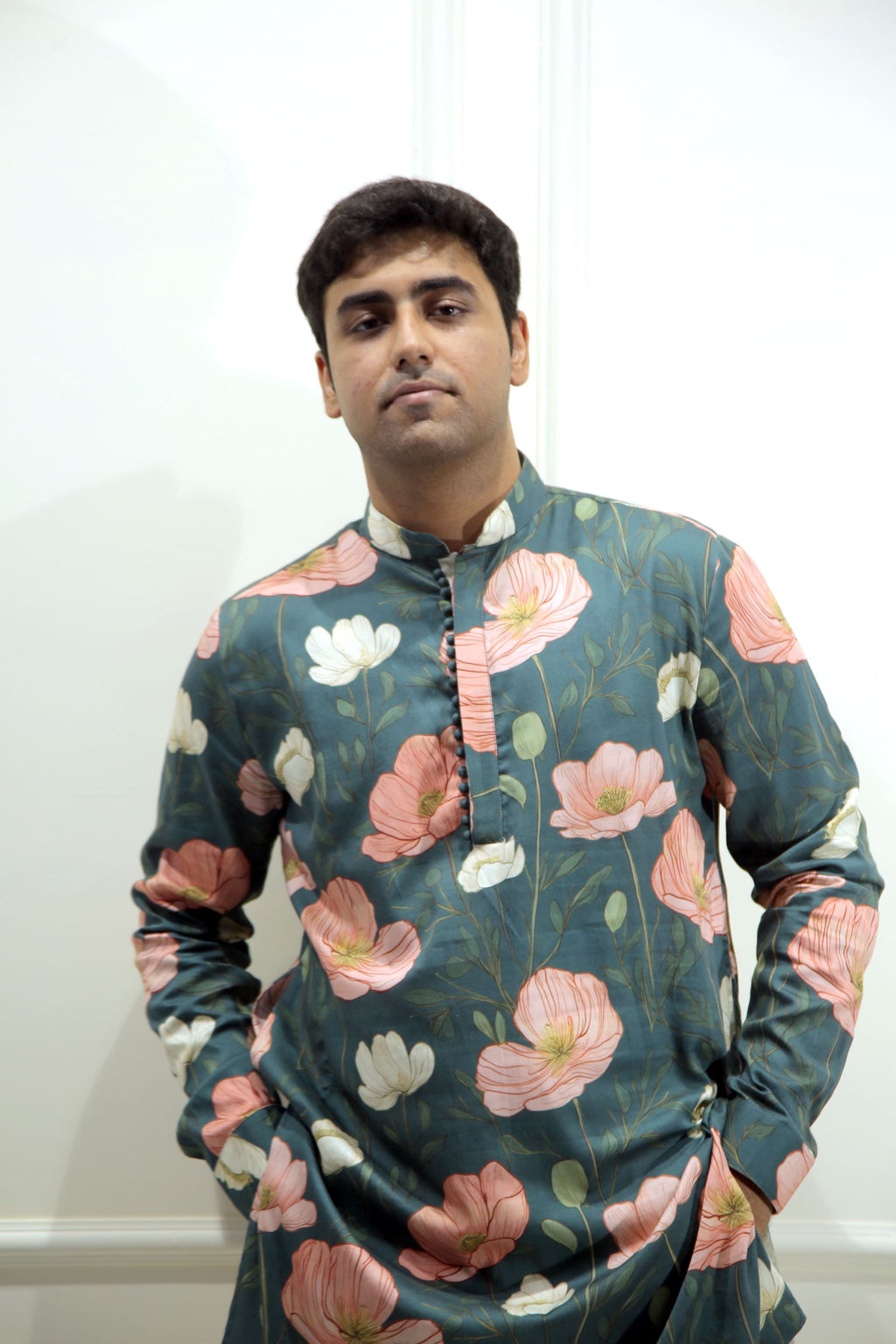 Men's Emerald Green Floral Printed Cotton Silk Kurta
