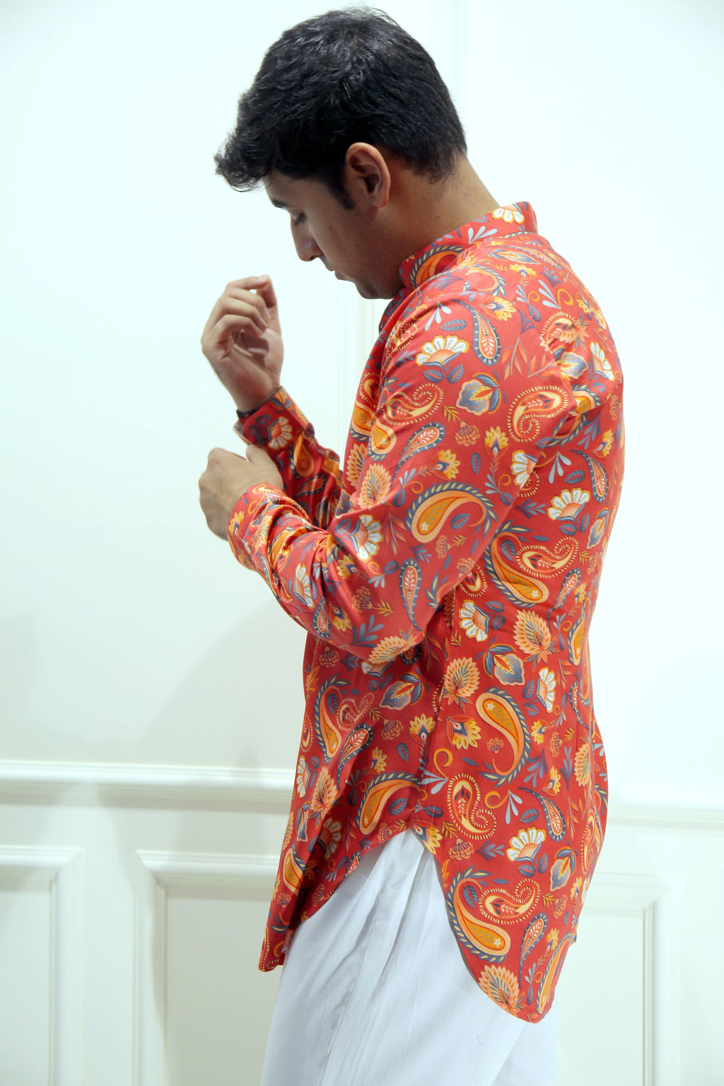 Orange Paisley Print Shirt Kurta
