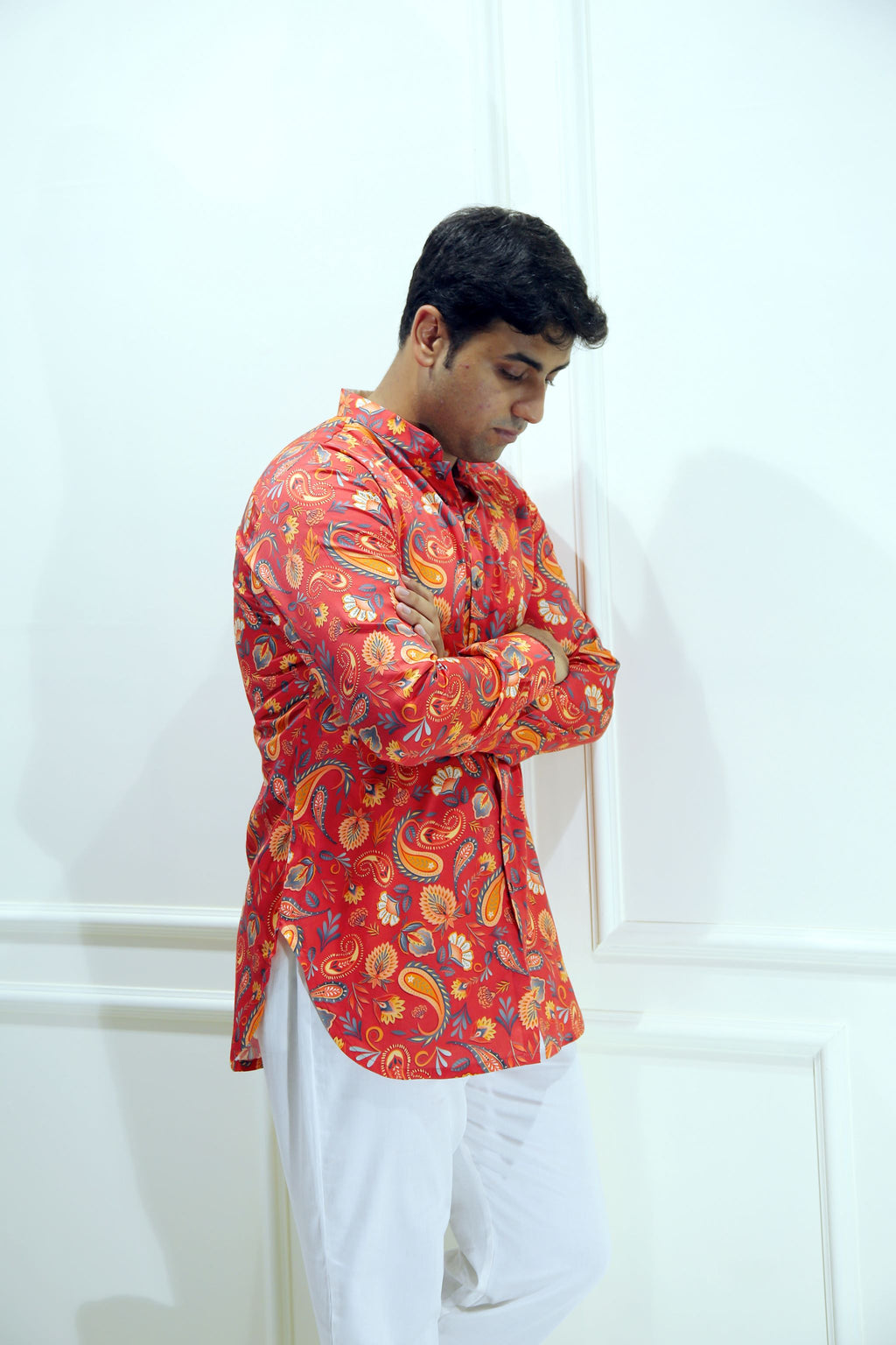 Orange Paisley Print Shirt Kurta