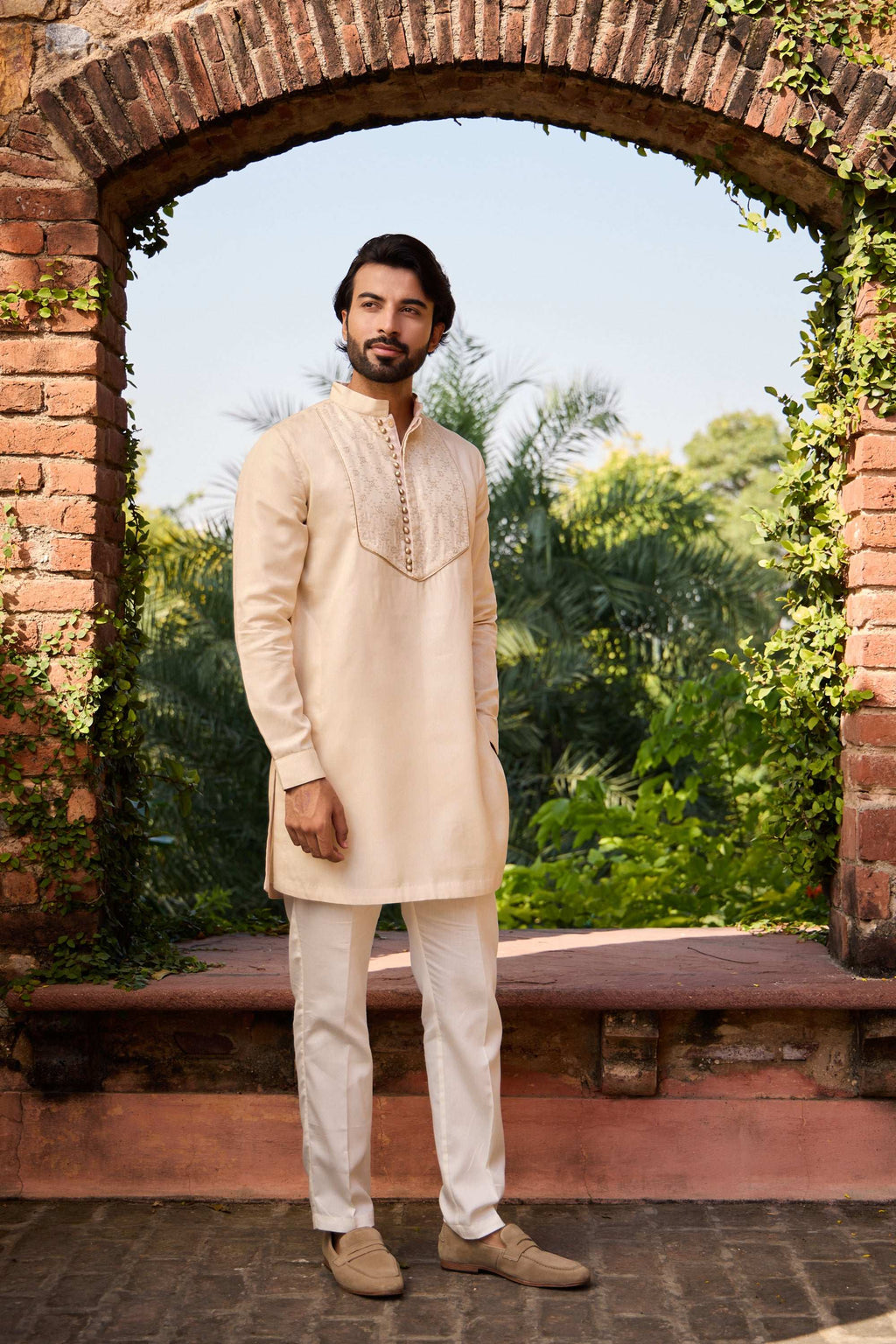 Ambar - Tussar Silk Beige Kurta for Men's with Mandarin Collar Kurta Pant Set Kurta Pant Set