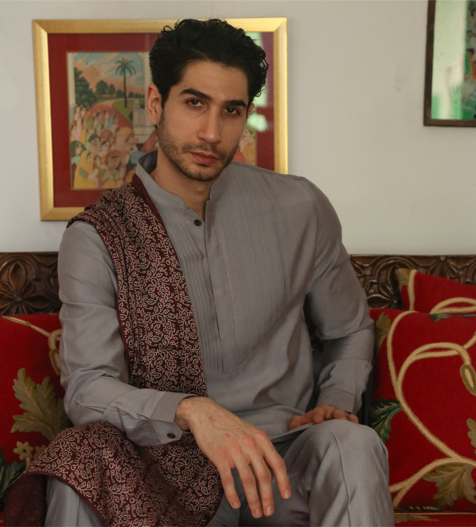 Men’s Light Grey Mid-length Kurta Pant Set