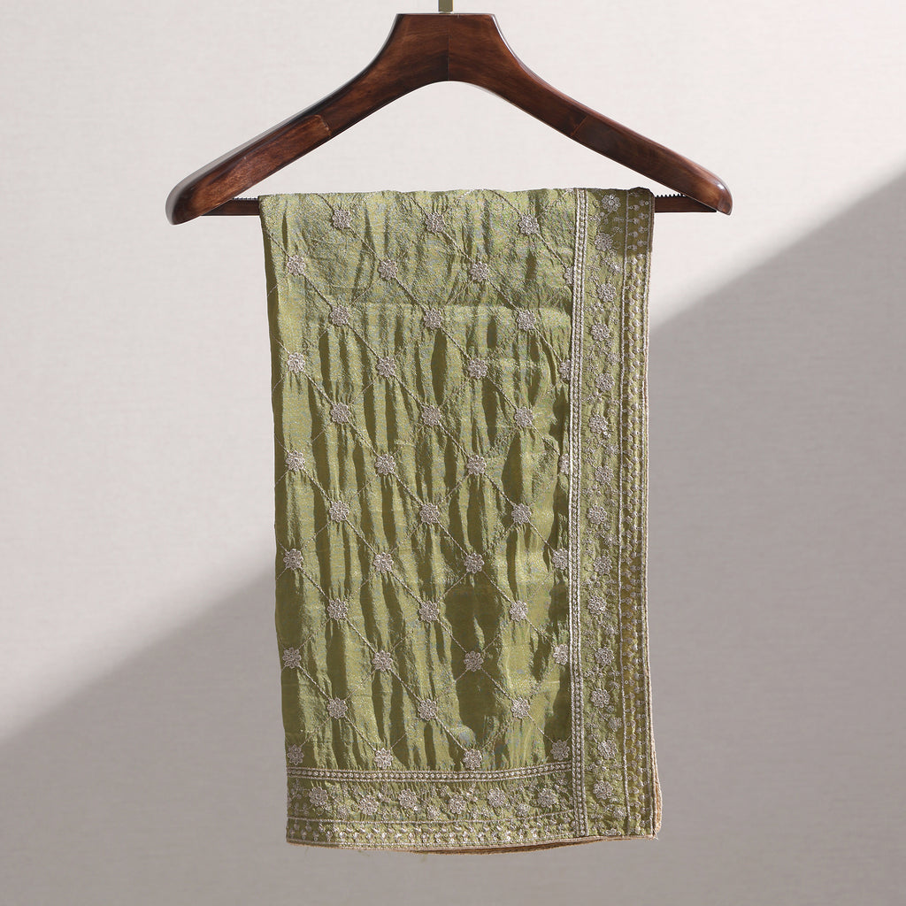 Mehndi Green Tissue Dupatta with Checkered Sequin Zari Floral Design