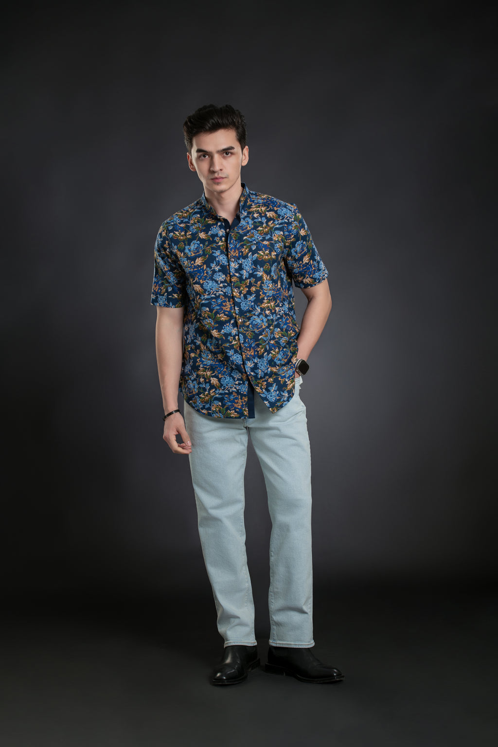 Royal Blue Floral Print Mandarin Collar Shirt