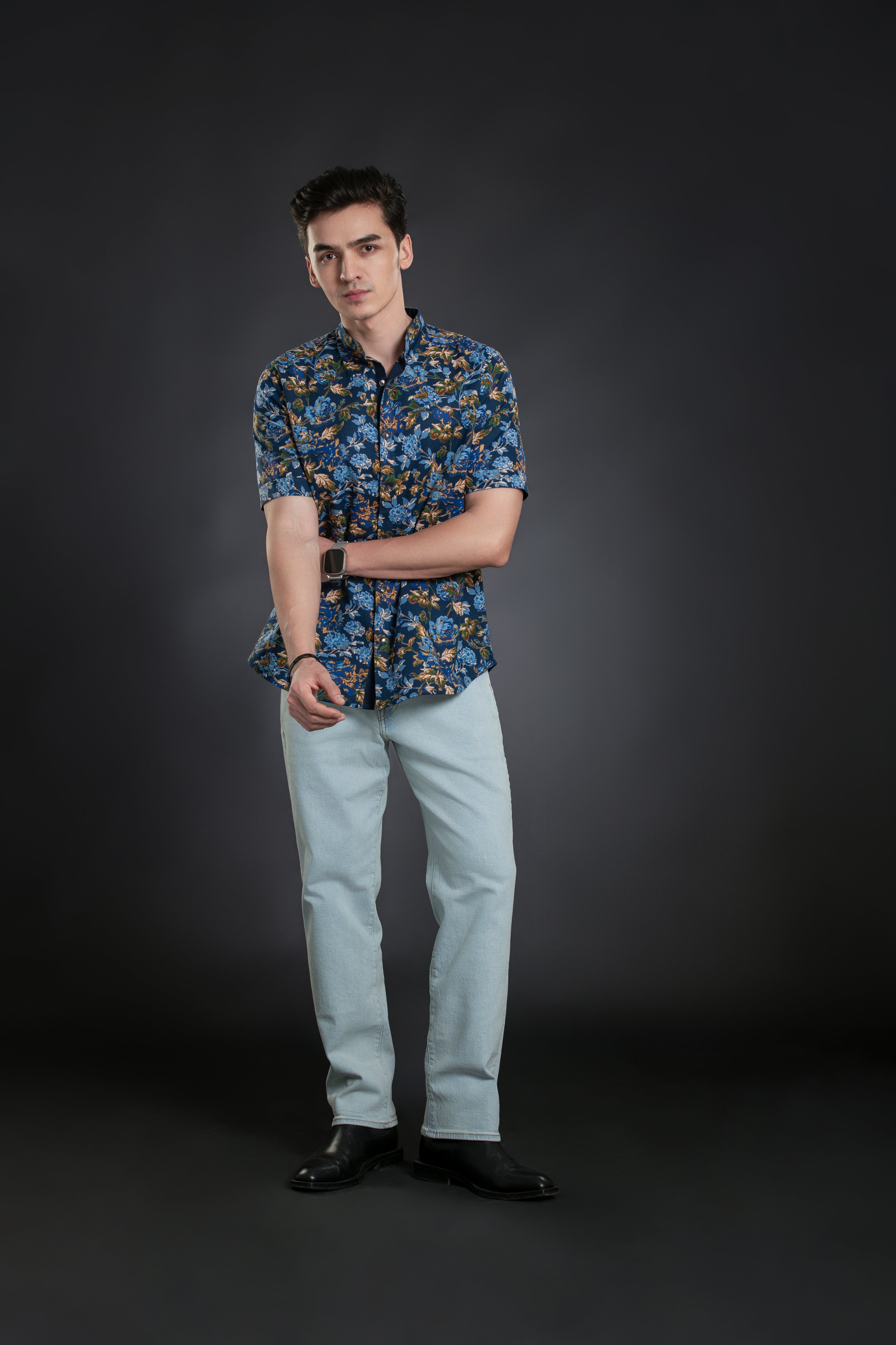 Royal Blue Floral Print Mandarin Collar Shirt