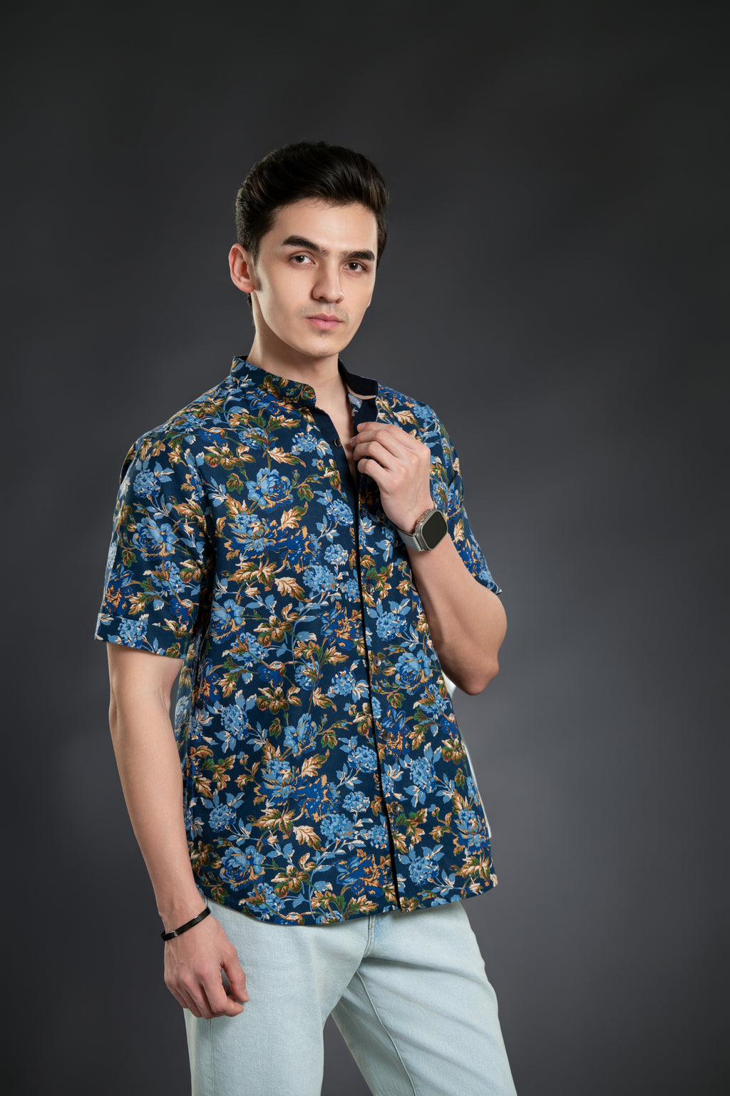 Royal Blue Floral Print Mandarin Collar Shirt