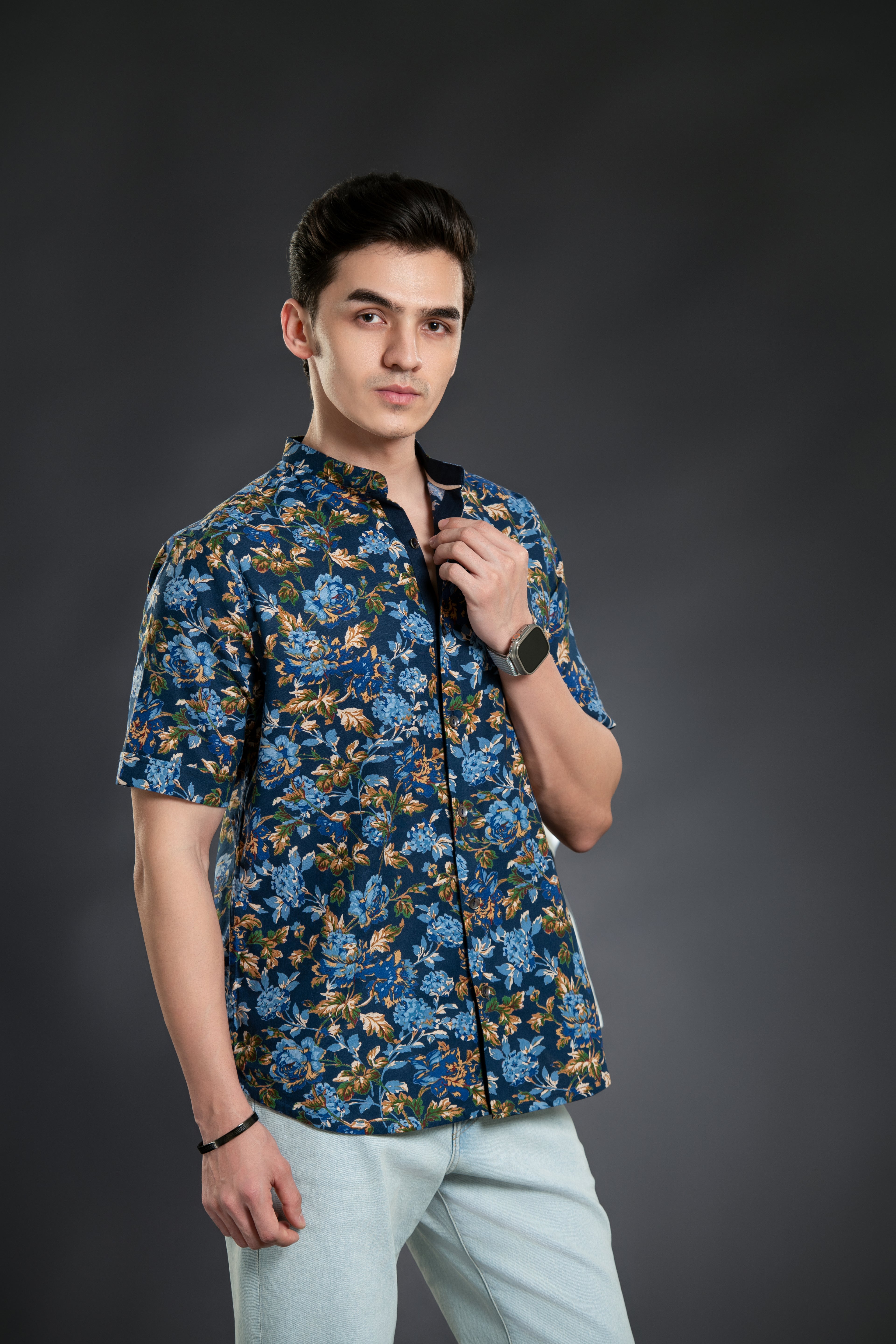 Royal Blue Floral Print Mandarin Collar Shirt