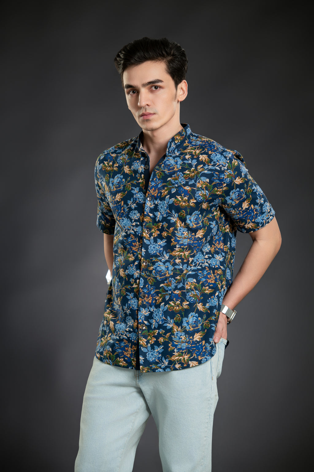 Royal Blue Floral Print Mandarin Collar Shirt