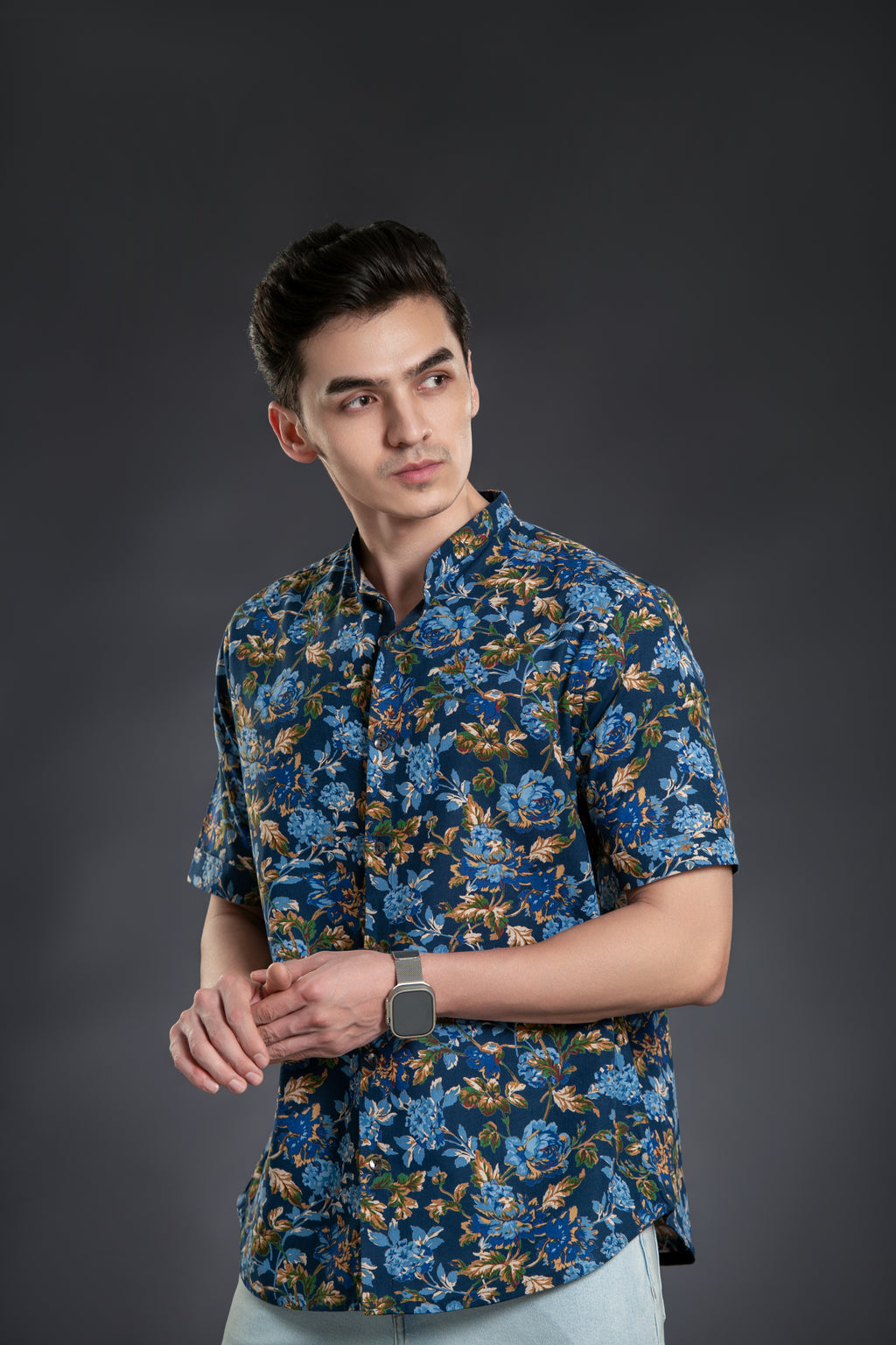 Royal Blue Floral Print Mandarin Collar Shirt