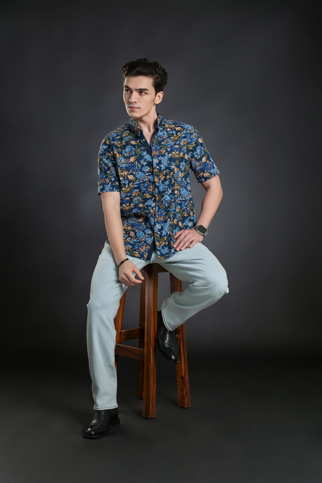 Royal Blue Floral Print Mandarin Collar Shirt