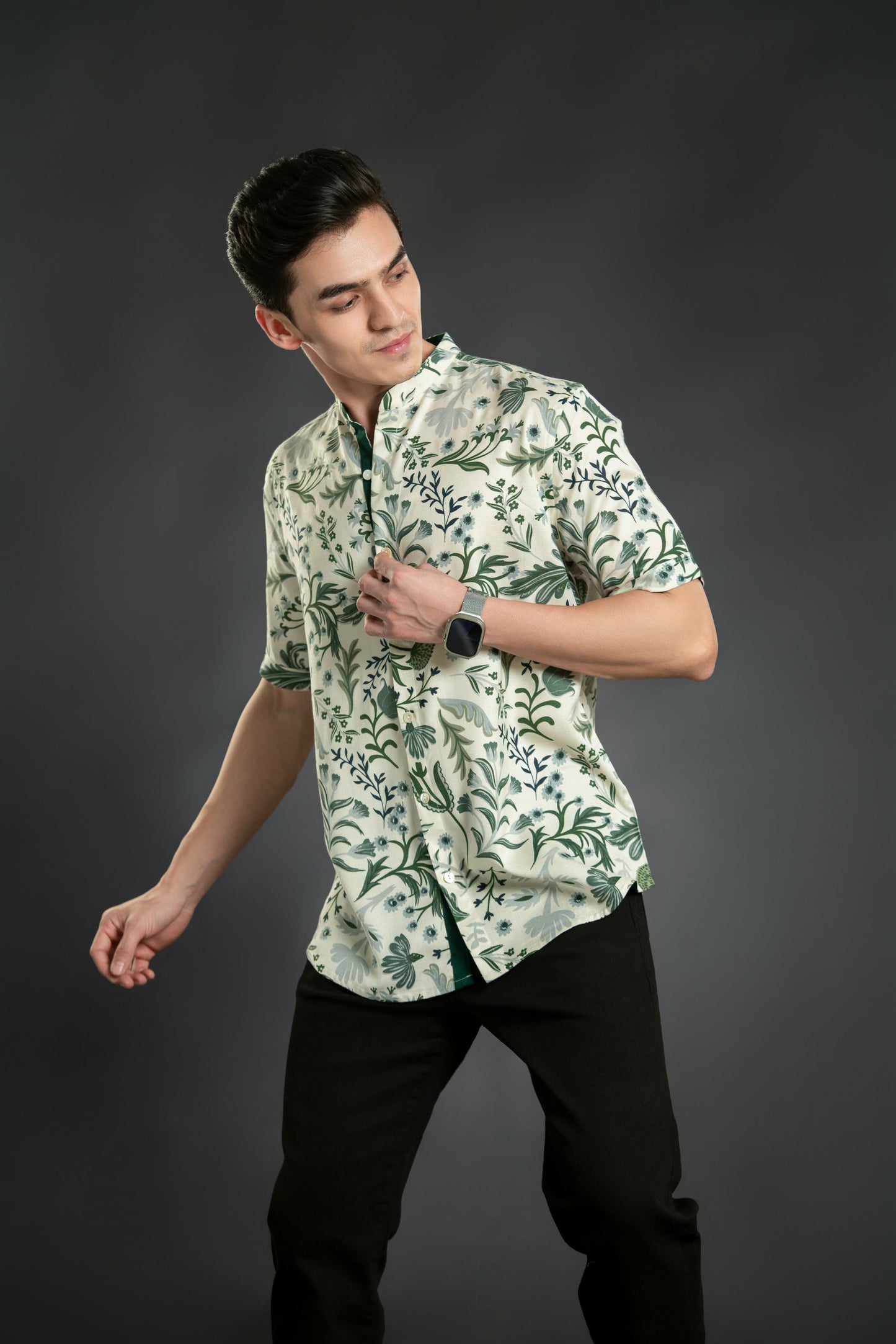 Floral Shirt With Mandarin Collar