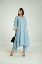 Women's Bell Sleeves Pleated Linen Co-Ord Long Co-Ord Set