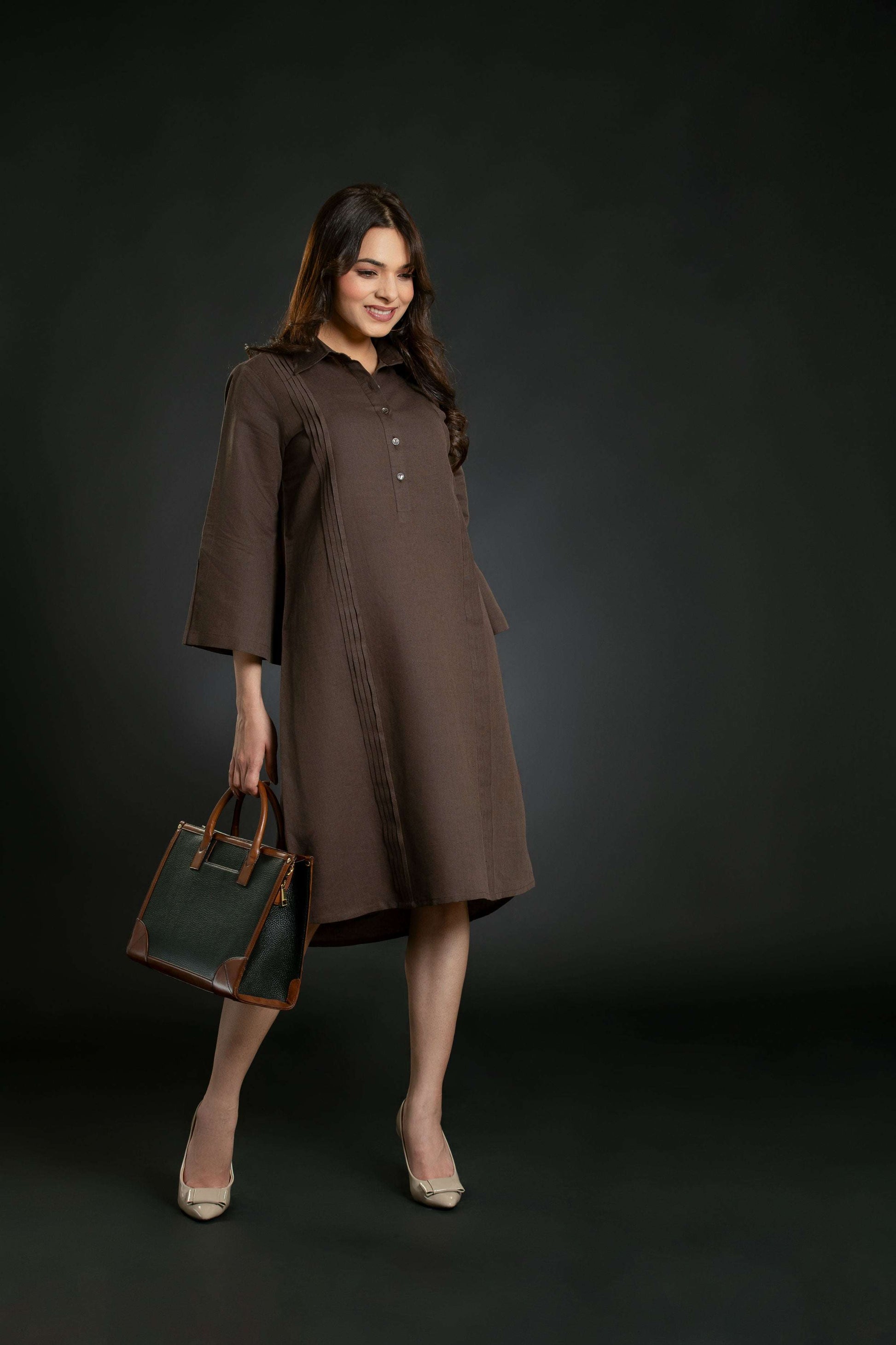 Women's Pleated Shirt Linen Dress Midi Dress