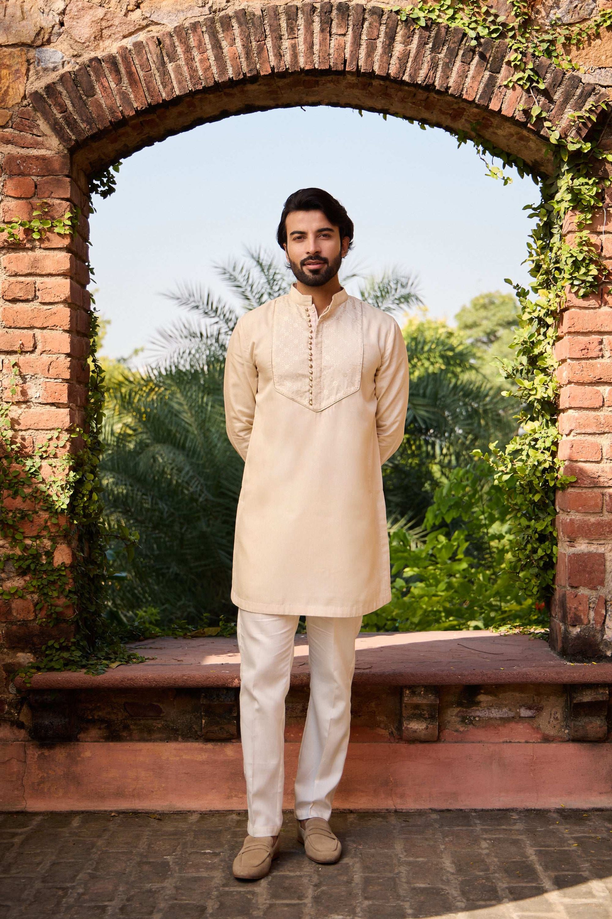 Ambar - Tussar Silk Beige Kurta for Men's with Mandarin Collar Kurta Pant Set Kurta Pant Set