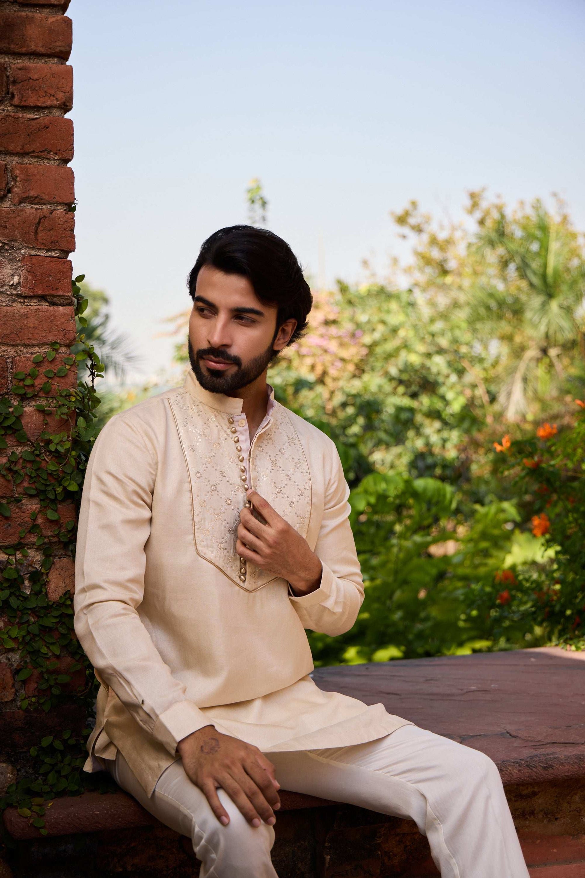 Ambar - Tussar Silk Beige Kurta for Men's with Mandarin Collar Kurta Pant Set Kurta Pant Set