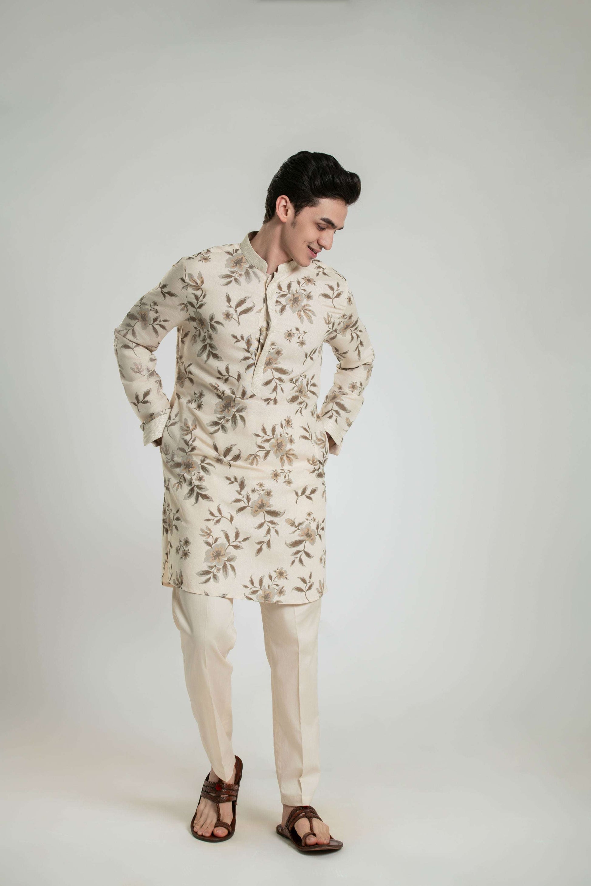 Floral Linen Kurta Set With Anchor Thread Embroidery Kurta Pant Set