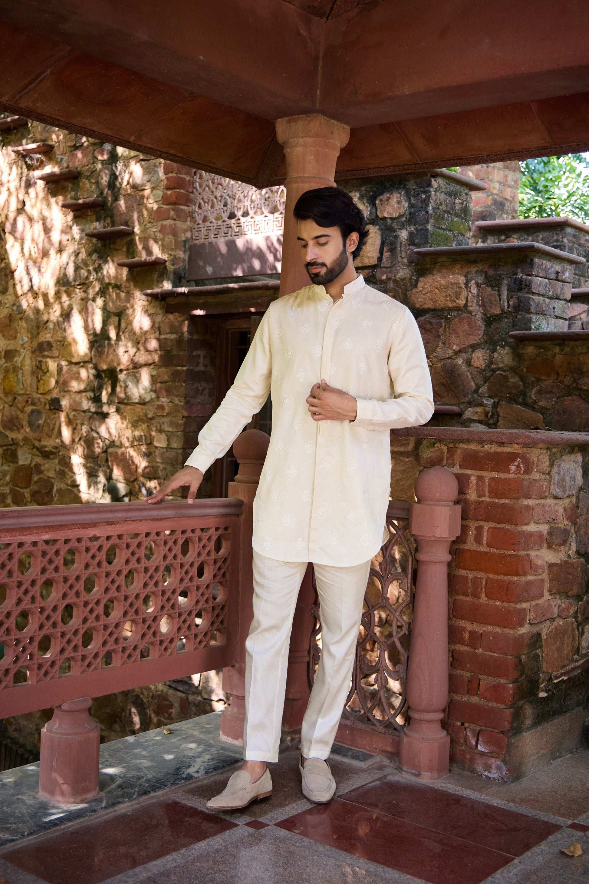 Arham - Embroidered Traditional Silk Collar Kurta Set for Men Kurta Pant Set Kurta Pant Set