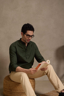 Army Green Mandarin Collar Short Kurta
