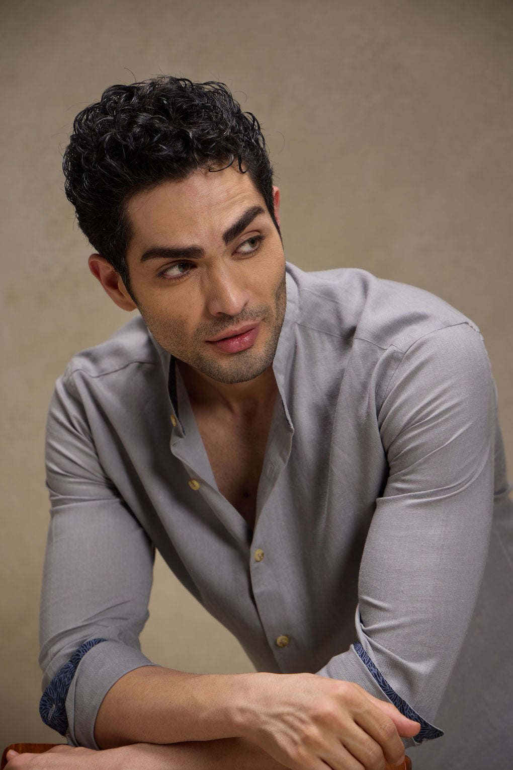 Ash Grey - Linen Mandarin Collar Shirt for Men Men's Shirt Men's Shirt