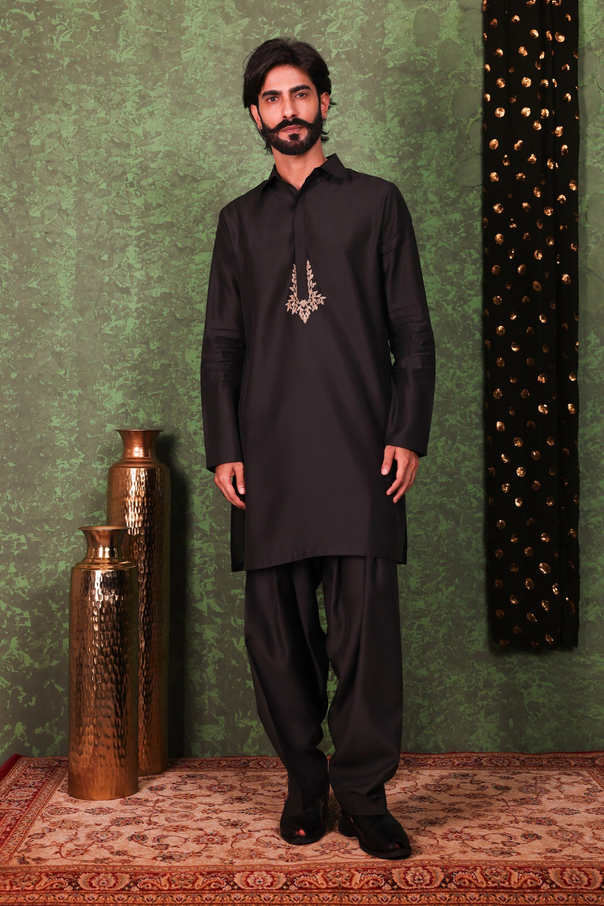Parvaaz - Men's Embroiderd Black Kurta Salwar Set