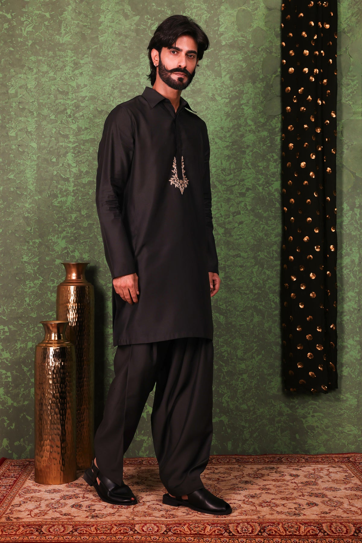Parvaaz - Men's Embroiderd Black Kurta Salwar Set