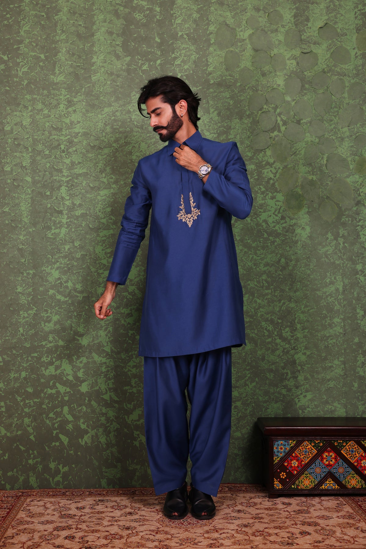 Parvaaz - Men's Embroiderd Royal Blue Kurta Salwar Set