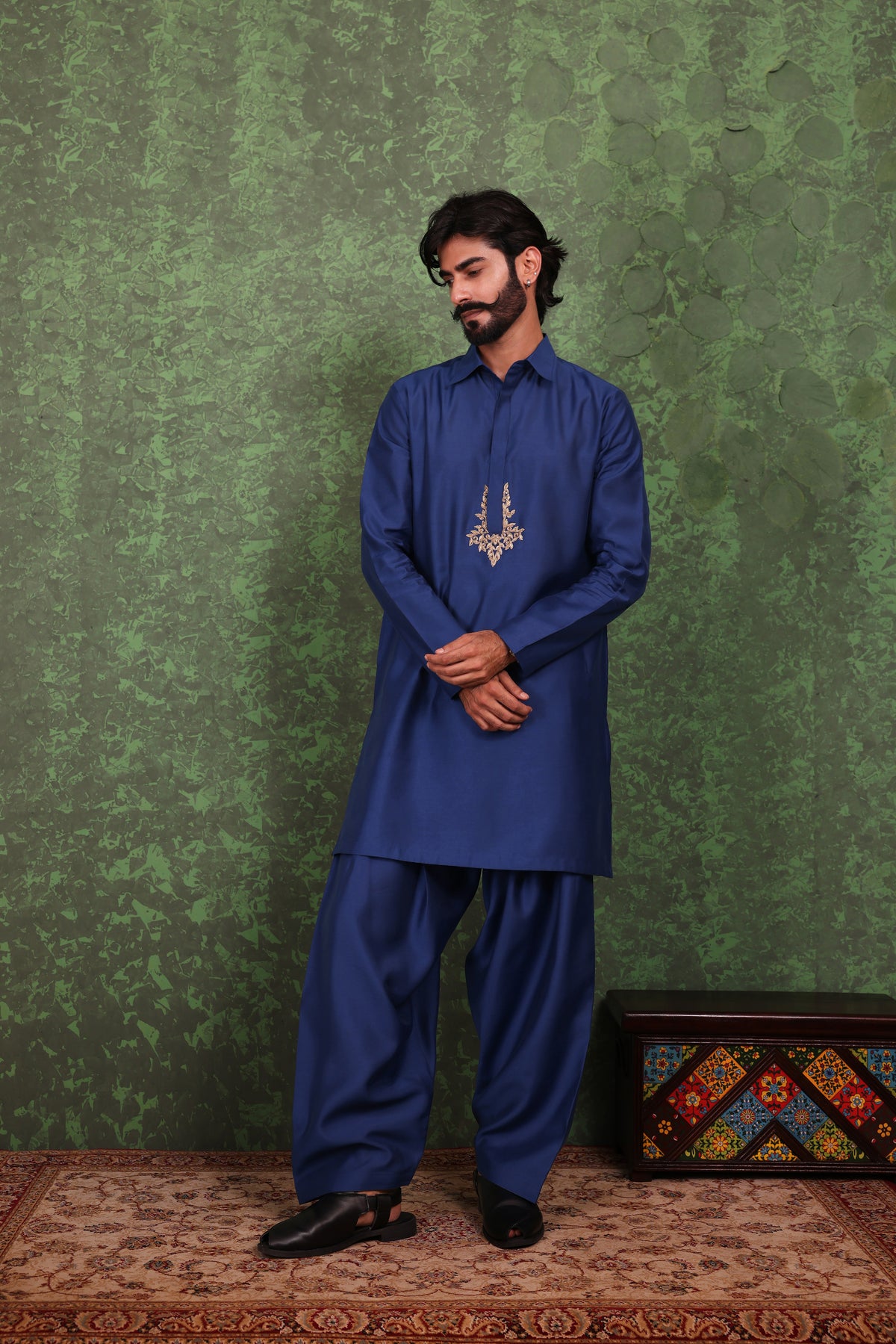 Parvaaz - Men's Embroiderd Royal Blue Kurta Salwar Set