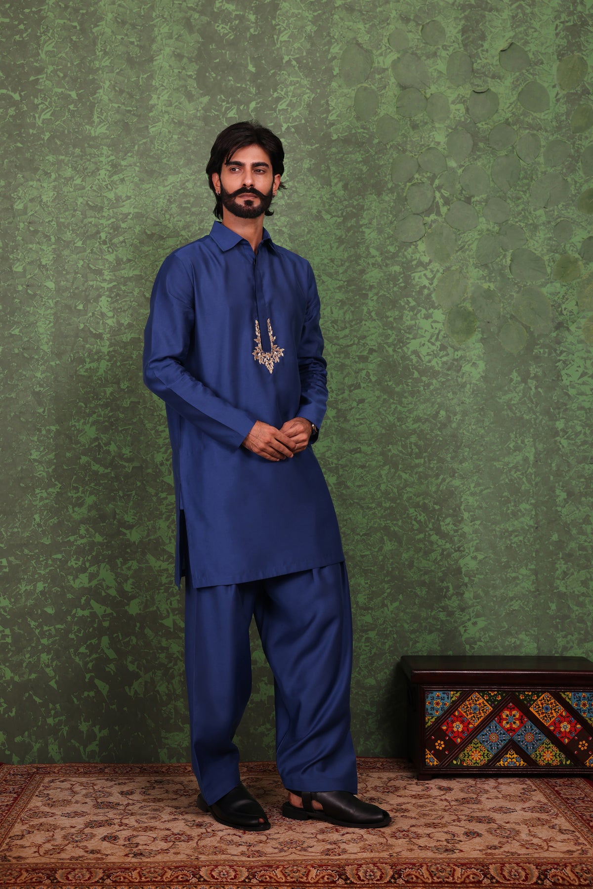 Parvaaz - Men's Embroiderd Royal Blue Kurta Salwar Set