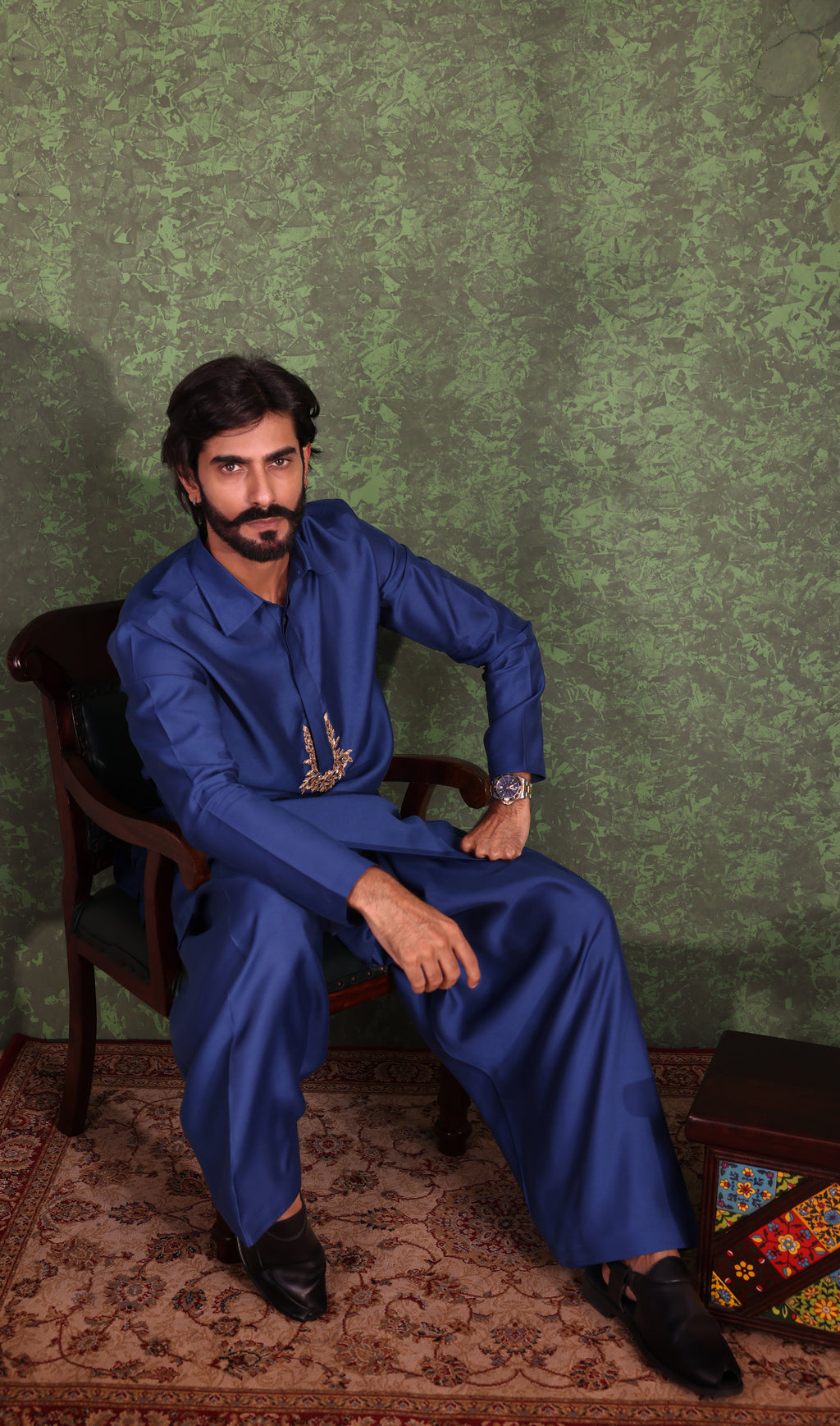 Parvaaz - Men's Embroiderd Royal Blue Kurta Salwar Set