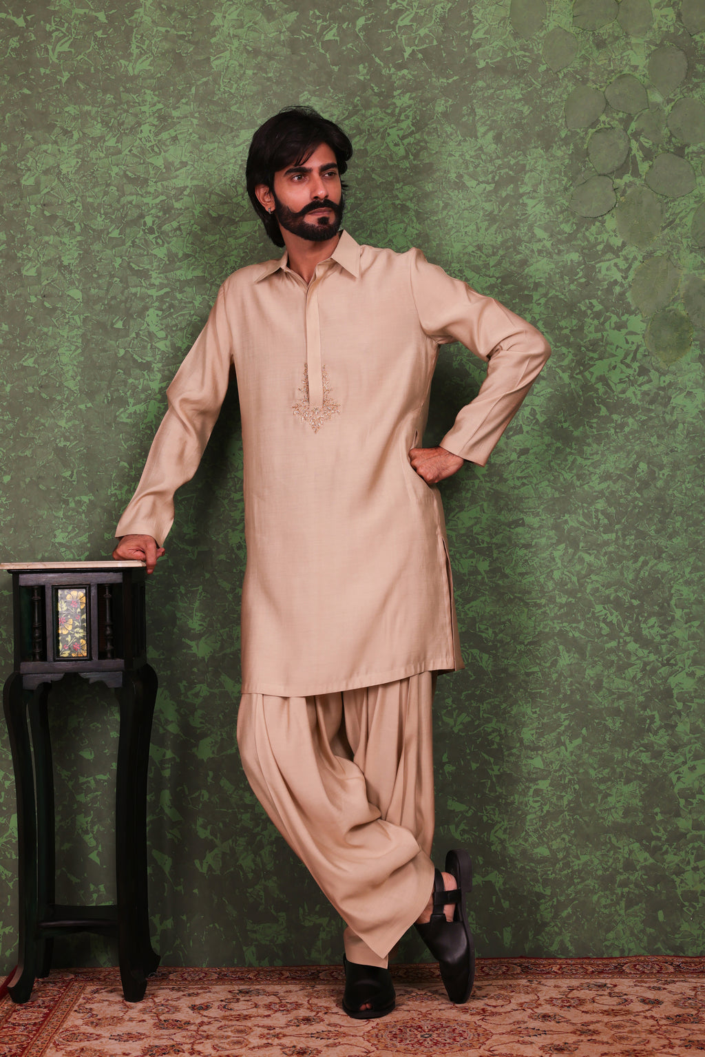 Parvaaz - Men's Embroiderd Beige Kurta Salwar Set