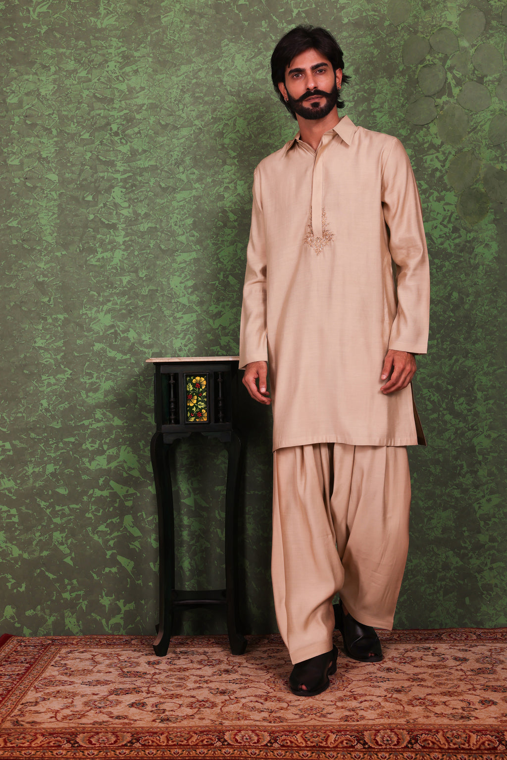 Parvaaz - Men's Embroiderd Beige Kurta Salwar Set