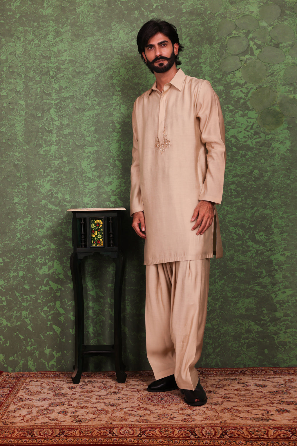 Parvaaz - Men's Embroiderd Beige Kurta Salwar Set
