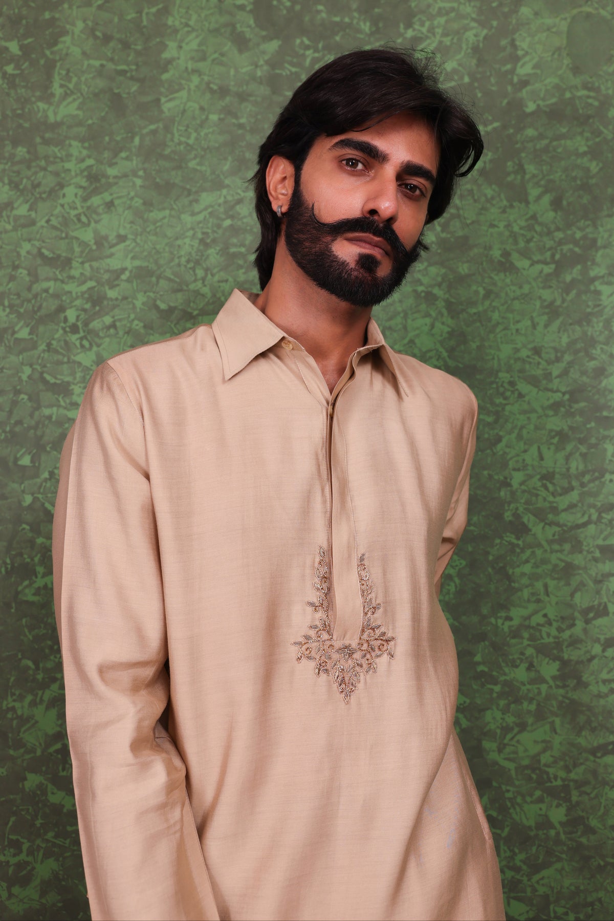 Parvaaz - Men's Embroiderd Beige Kurta Salwar Set