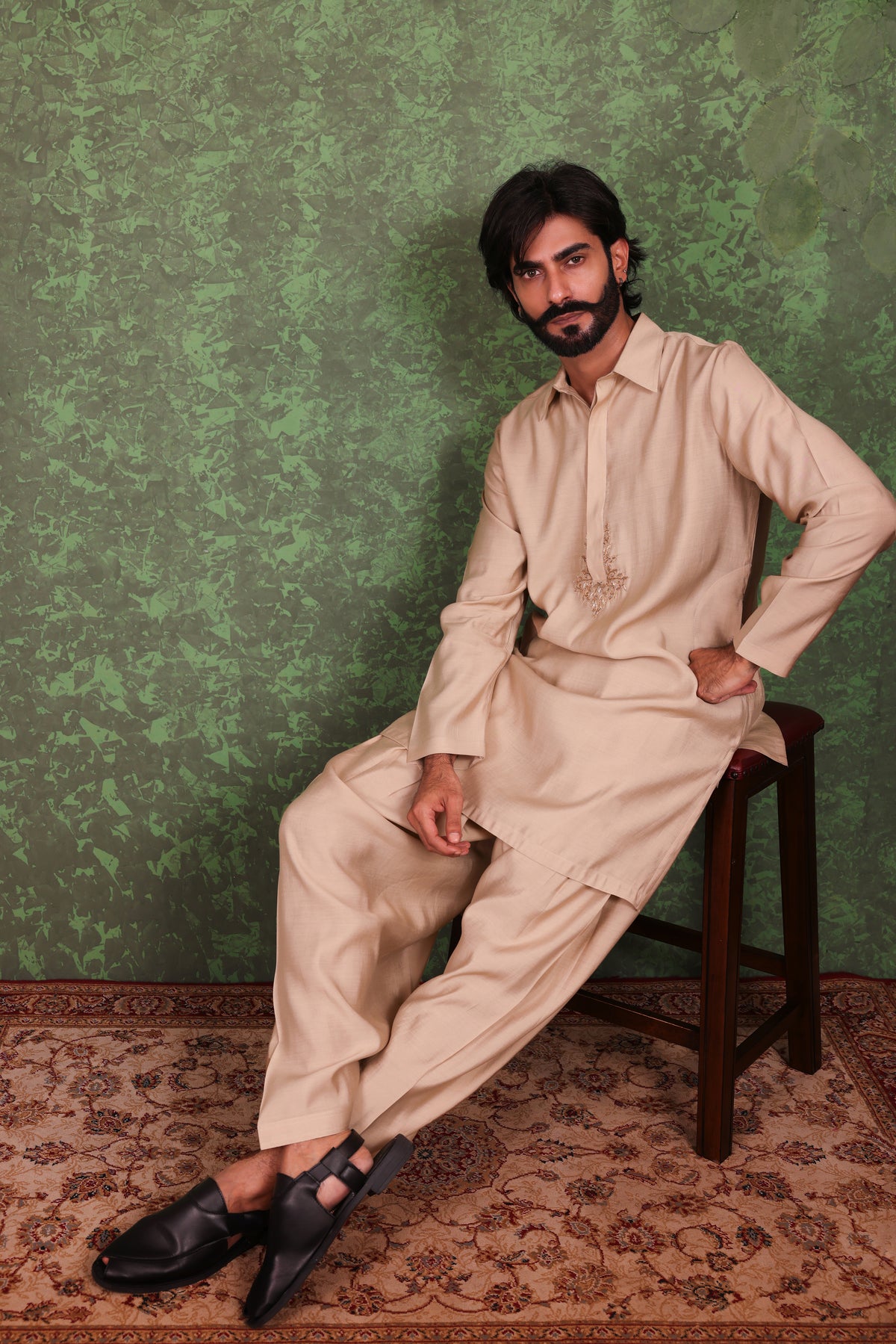 Parvaaz - Men's Embroiderd Beige Kurta Salwar Set