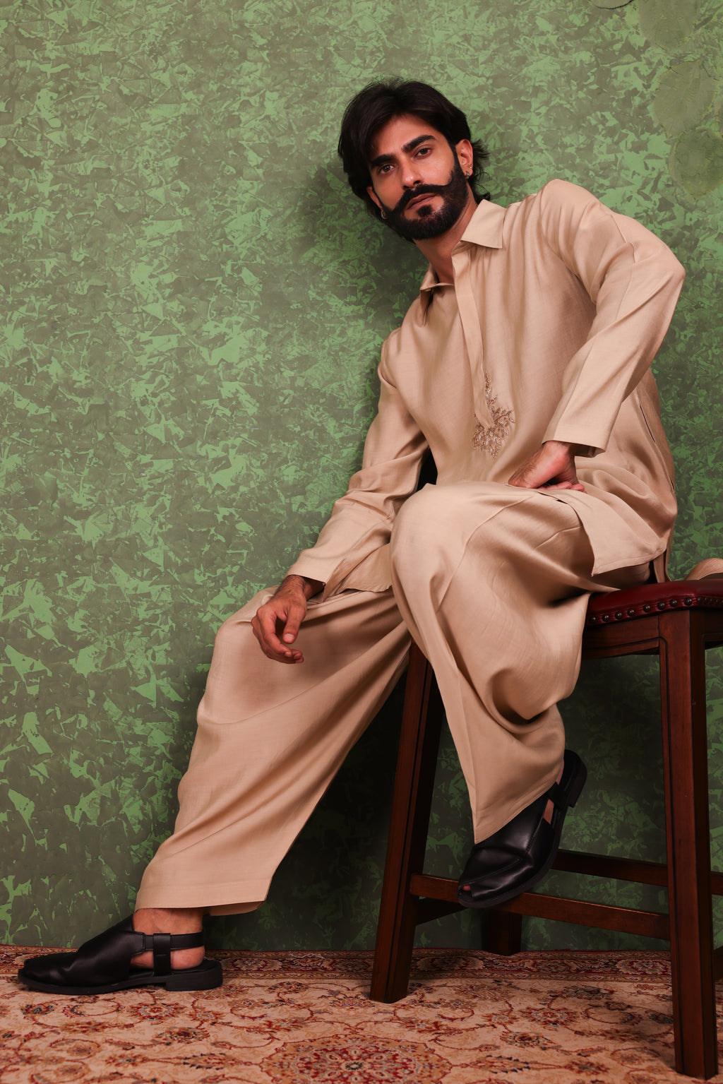 Parvaaz - Men's Embroiderd Beige Kurta Salwar Set