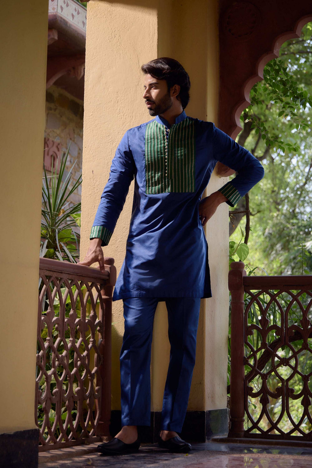 Azaan - Blue & Green Premium Silk Potli Button Men's Kurta Kurta Pant Set Kurta Pant Set