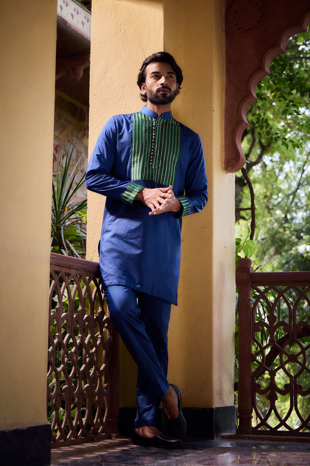 Azaan - Blue & Green Premium Silk Potli Button Men's Kurta Kurta Pant Set Kurta Pant Set