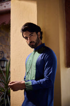 Azaan - Blue & Green Premium Silk Potli Button Men's Kurta Kurta Pant Set Kurta Pant Set