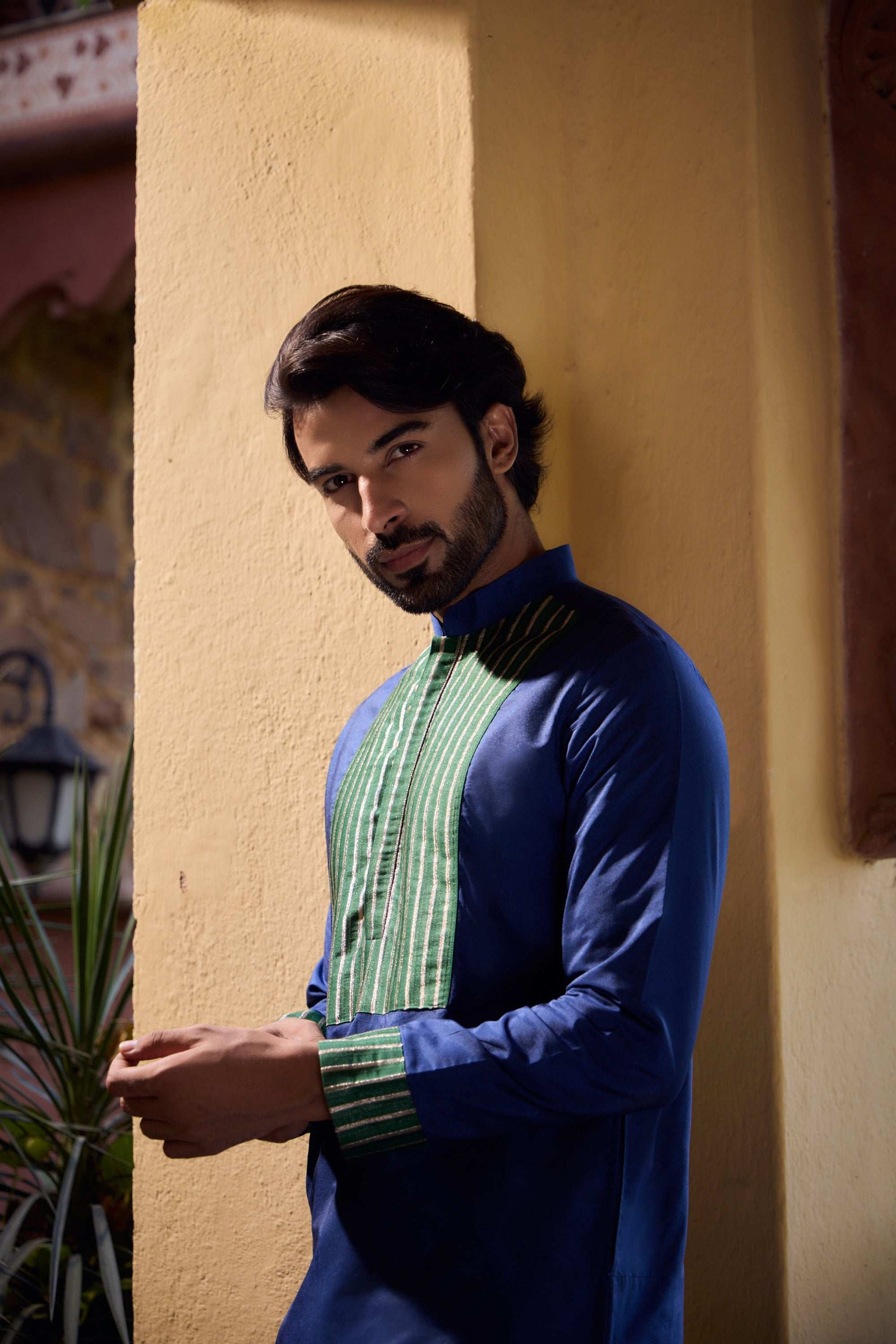 Azaan - Blue & Green Premium Silk Potli Button Men's Kurta Kurta Pant Set Kurta Pant Set