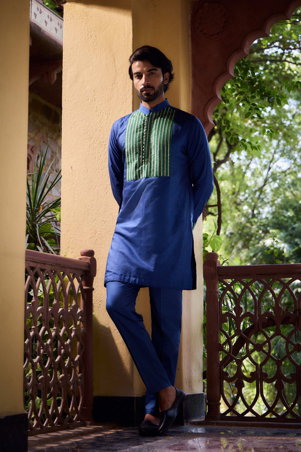 Azaan - Blue & Green Premium Silk Potli Button Men's Kurta Kurta Pant Set Kurta Pant Set