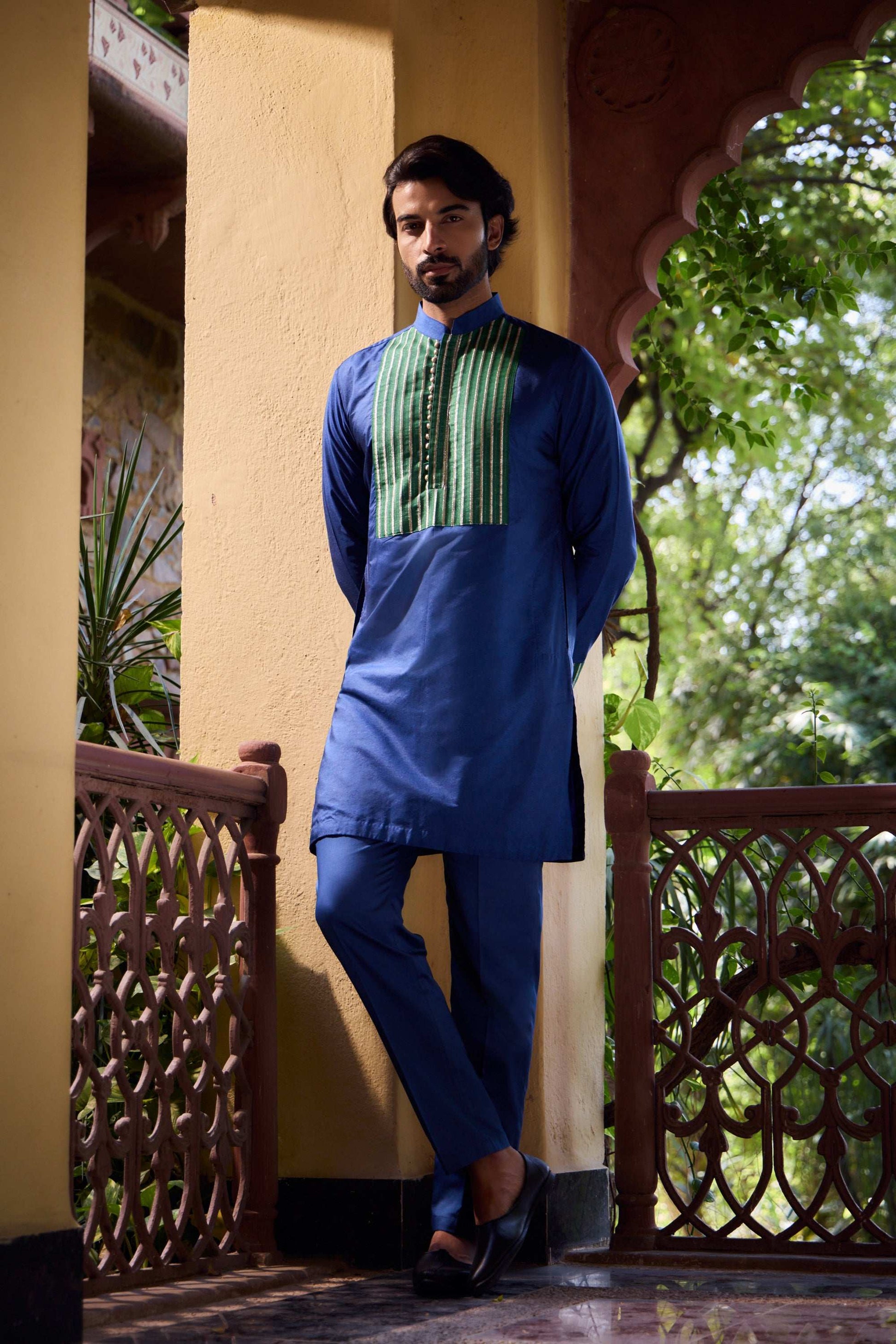 Azaan - Blue & Green Premium Silk Potli Button Men's Kurta Kurta Pant Set Kurta Pant Set