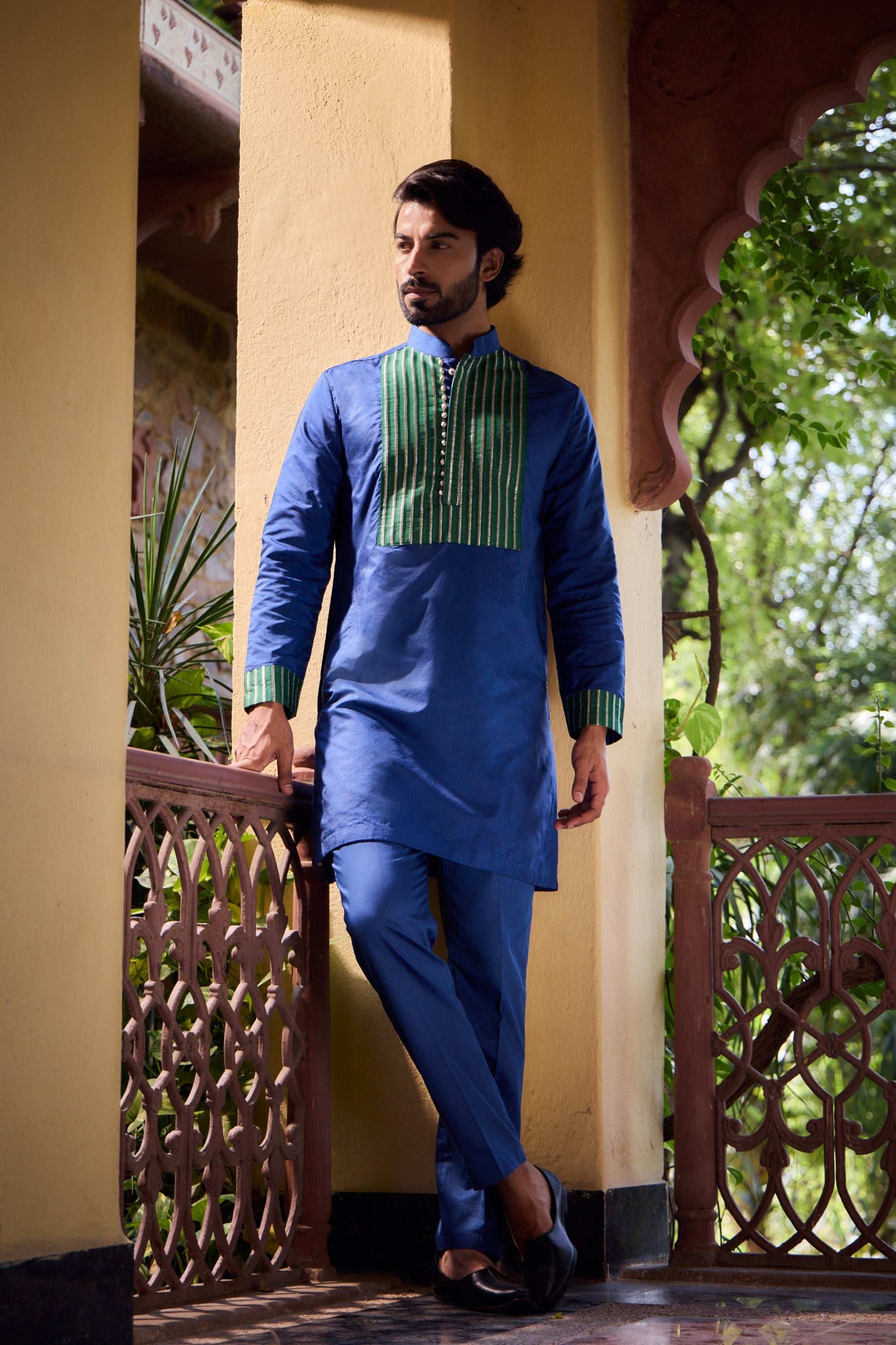 Azaan - Blue & Green Premium Silk Potli Button Men's Kurta Kurta Pant Set Kurta Pant Set