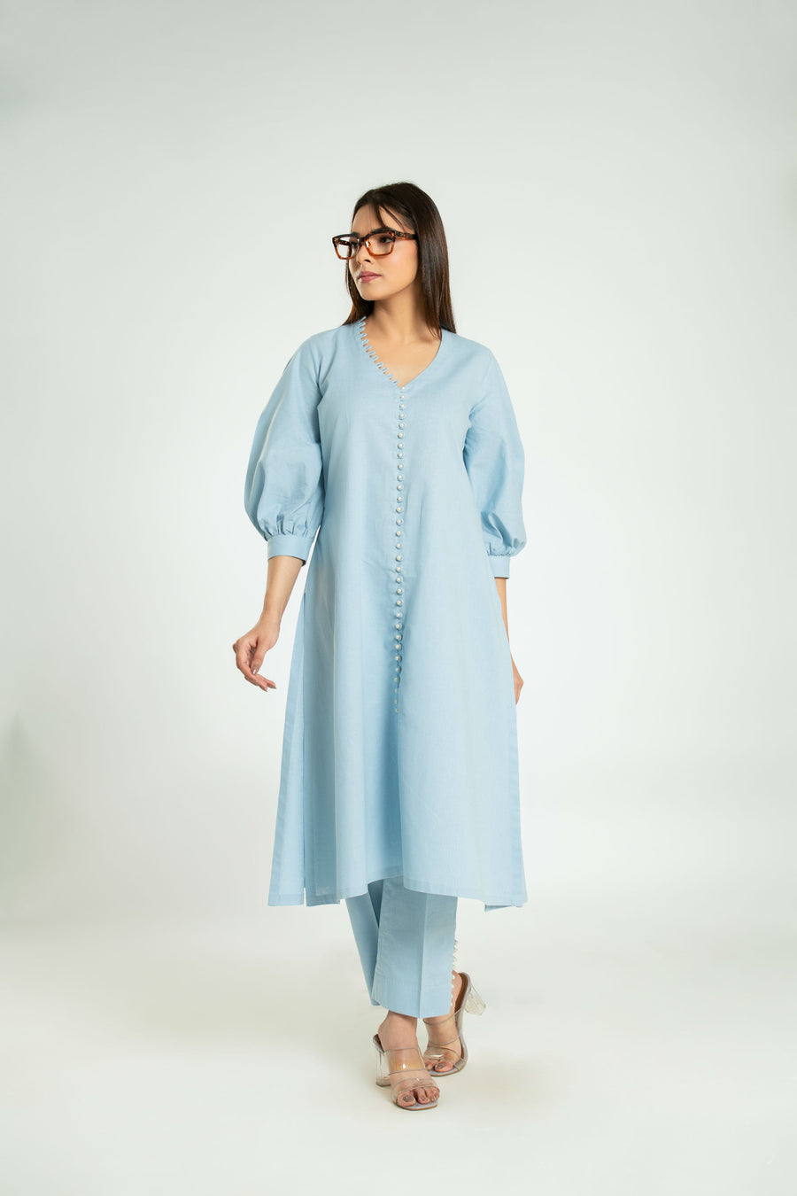 Women's Pearl Work Long Coord Set With Balloon Sleeves Long Co-Ord Set