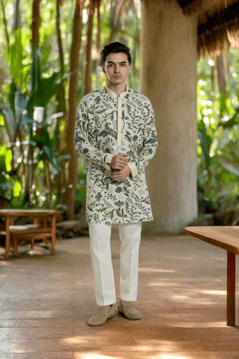 Men's Printed Mid-length Kurta Pant Set with Anchor Thread Detailing Kurta Pant Set