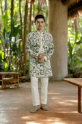 Men's Printed Mid-length Kurta Pant Set with Anchor Thread Detailing Kurta Pant Set