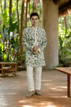 Men's Printed Mid-length Kurta Pant Set with Anchor Thread Detailing Kurta Pant Set